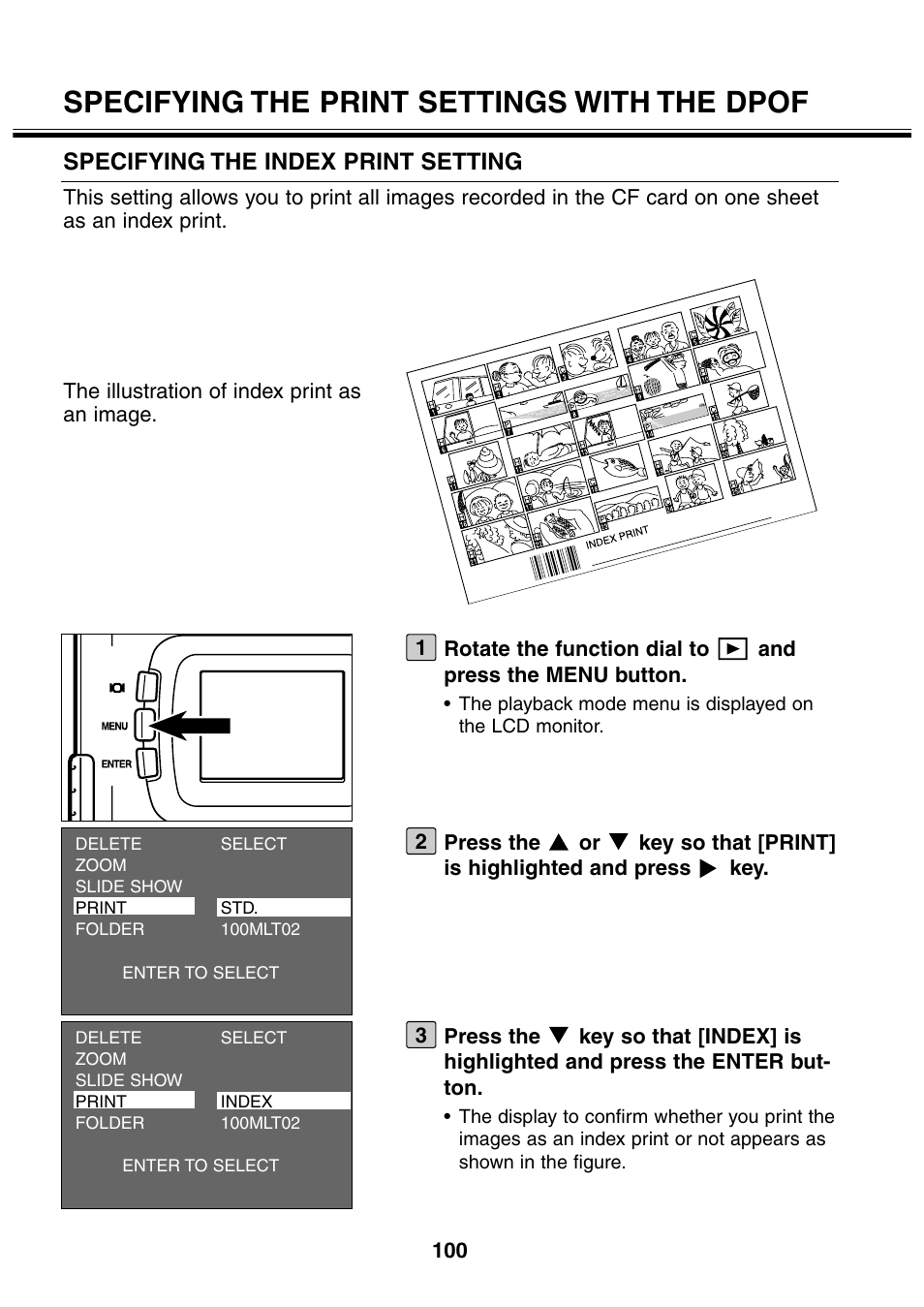 Specifying the print settings with the dpof, Specifying the index print setting | Minolta 2330 User Manual | Page 100 / 160