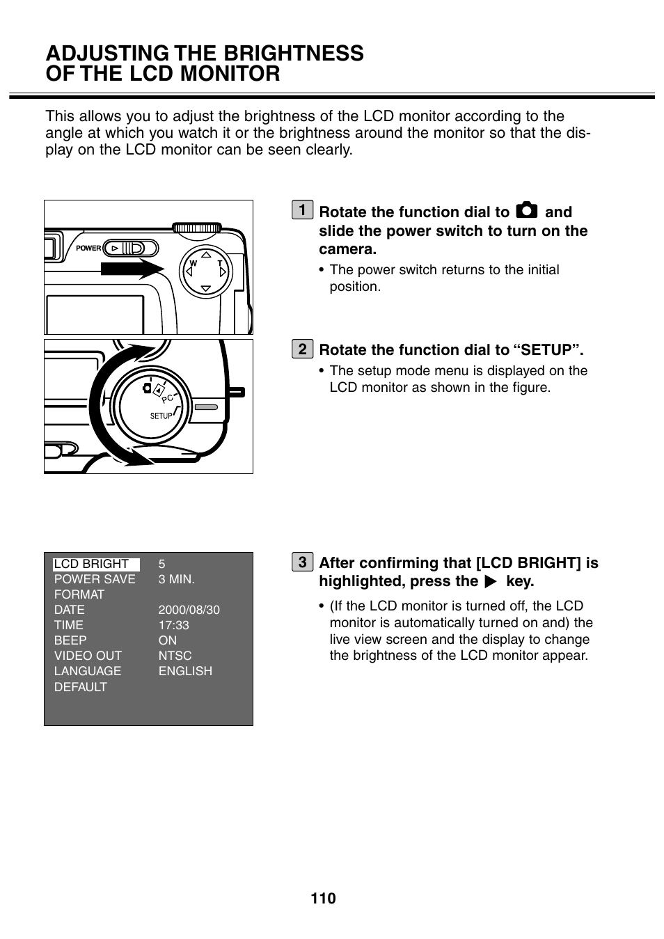 Adjusting the brightness of the lcd monitor | Minolta 2330 User Manual | Page 110 / 160