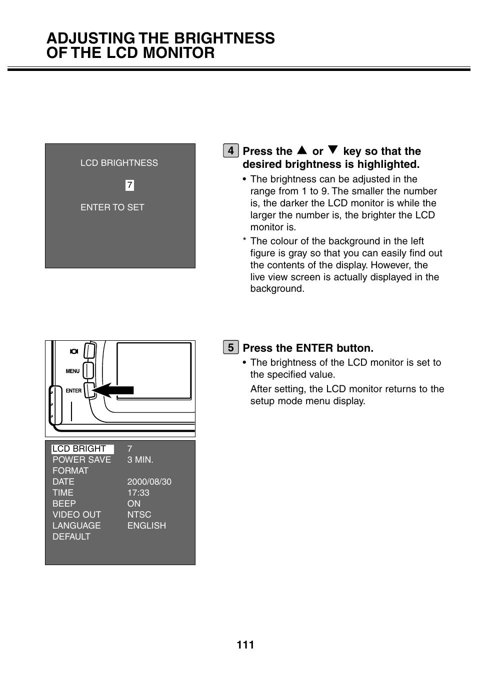 Adjusting the brightness of the lcd monitor | Minolta 2330 User Manual | Page 111 / 160