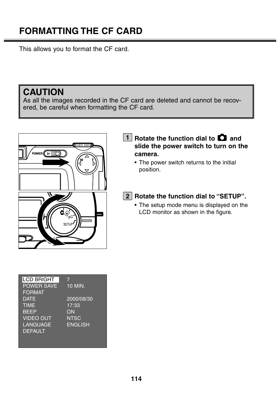 Formatting the cf card, Caution | Minolta 2330 User Manual | Page 114 / 160