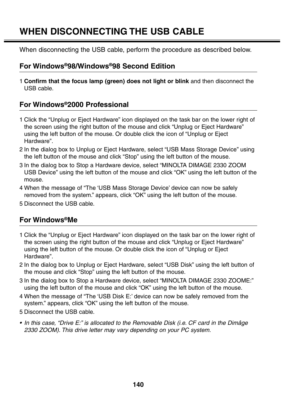 When disconnecting the usb cable, For windows, 98/windows | 98 second edition, 2000 professional | Minolta 2330 User Manual | Page 140 / 160