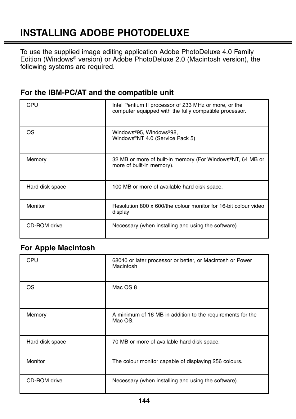 Installing adobe photodeluxe, For the ibm-pc/at and the compatible unit, For apple macintosh | Minolta 2330 User Manual | Page 144 / 160
