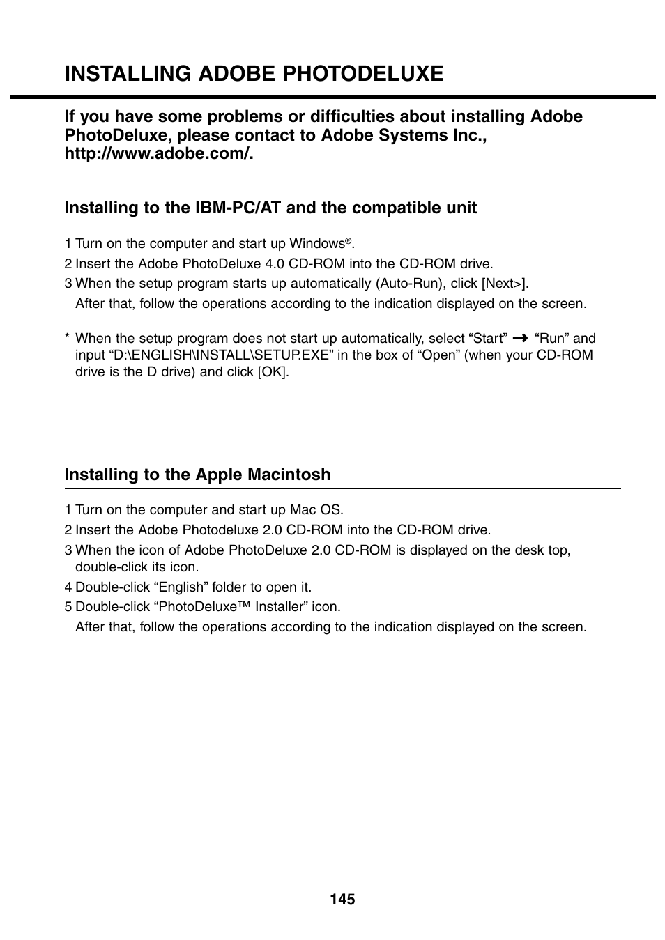 Installing adobe photodeluxe, Installing to the apple macintosh | Minolta 2330 User Manual | Page 145 / 160