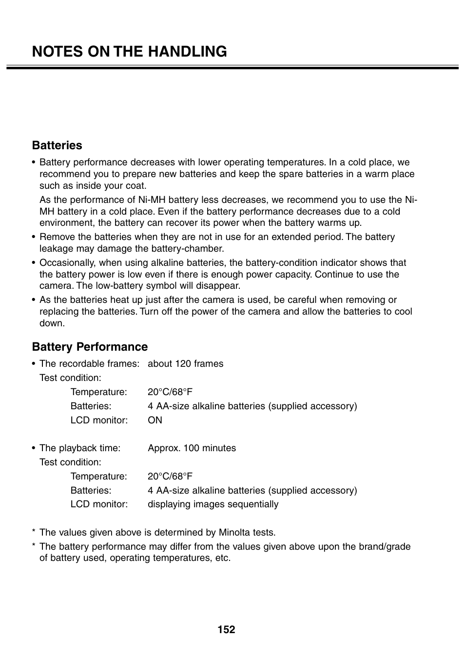 Batteries, Battery performance | Minolta 2330 User Manual | Page 152 / 160