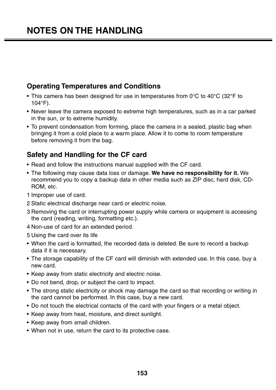 Operating temperatures and conditions, Safety and handling for the cf card | Minolta 2330 User Manual | Page 153 / 160