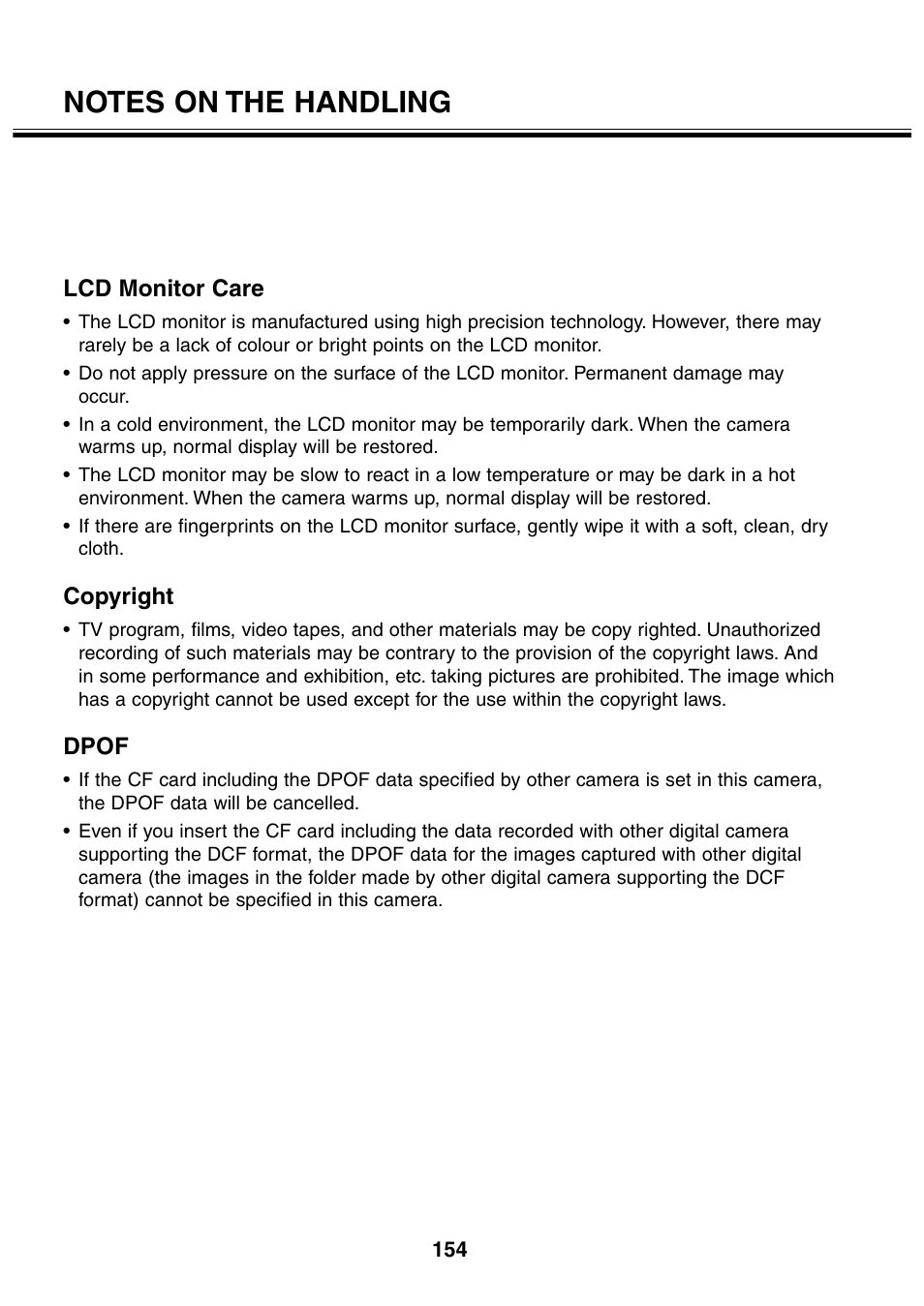 Lcd monitor care, Copyright, Dpof | Minolta 2330 User Manual | Page 154 / 160