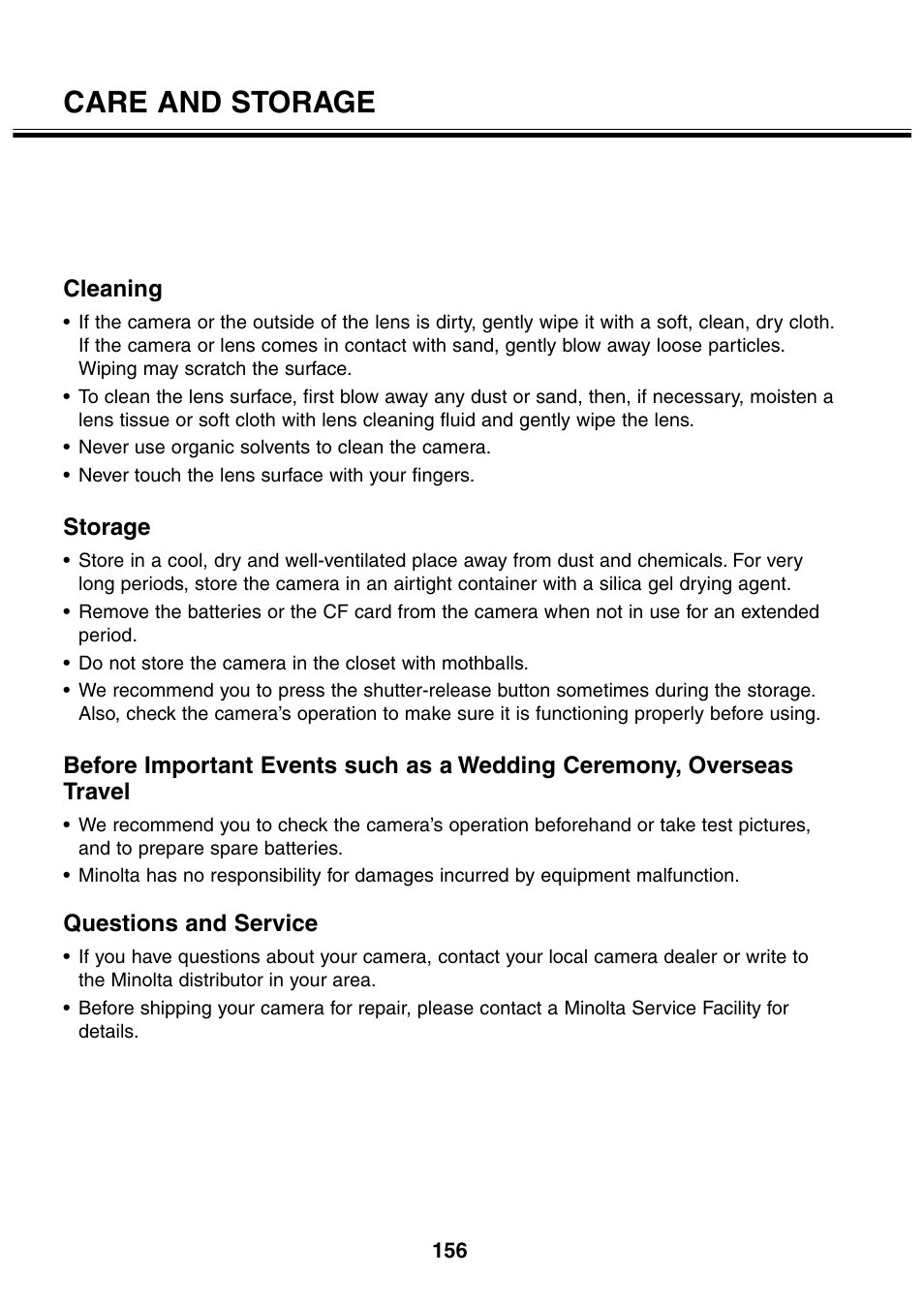 Care and storage, Cleaning, Storage | Questions and service | Minolta 2330 User Manual | Page 156 / 160