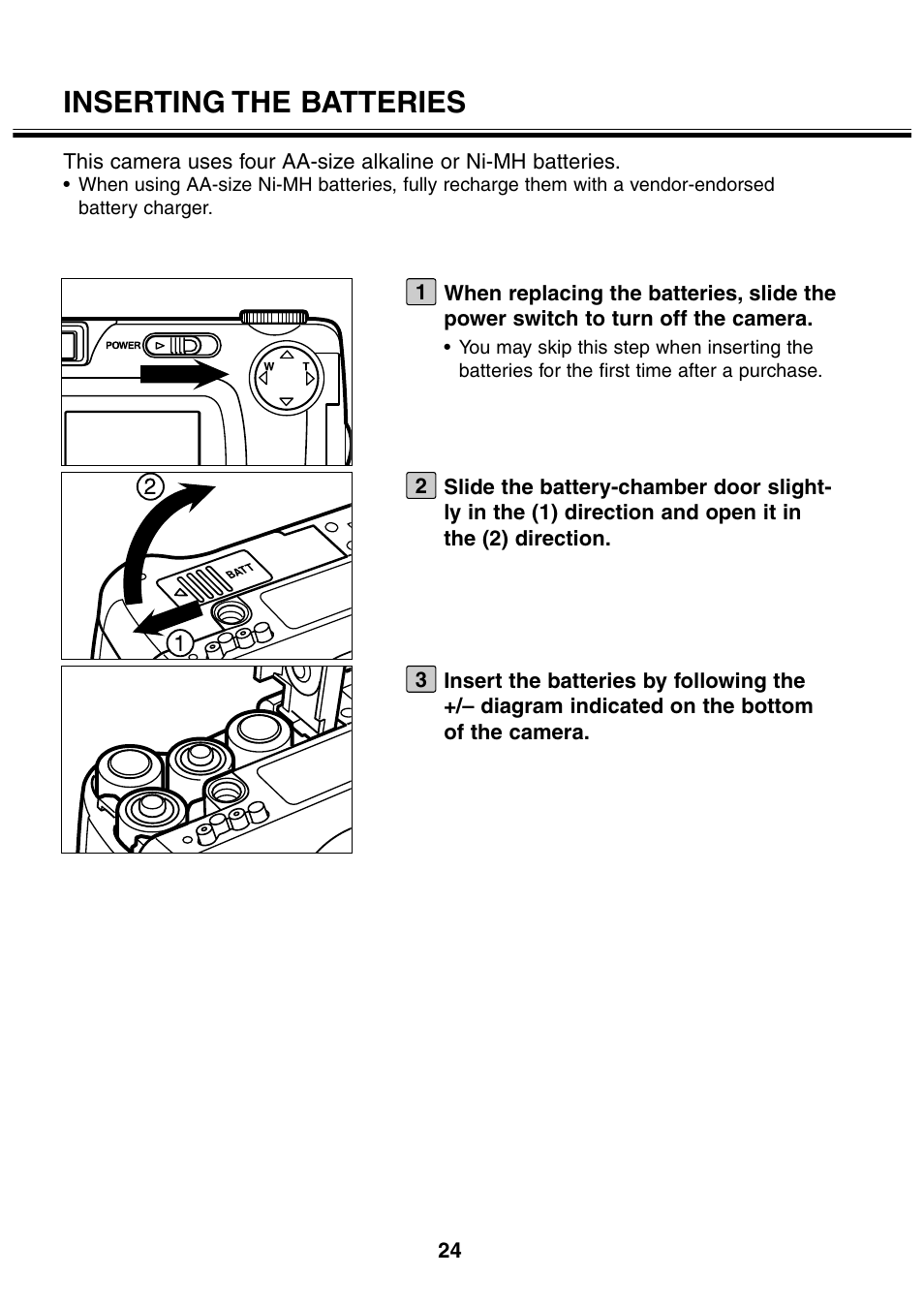 Inserting the batteries | Minolta 2330 User Manual | Page 24 / 160
