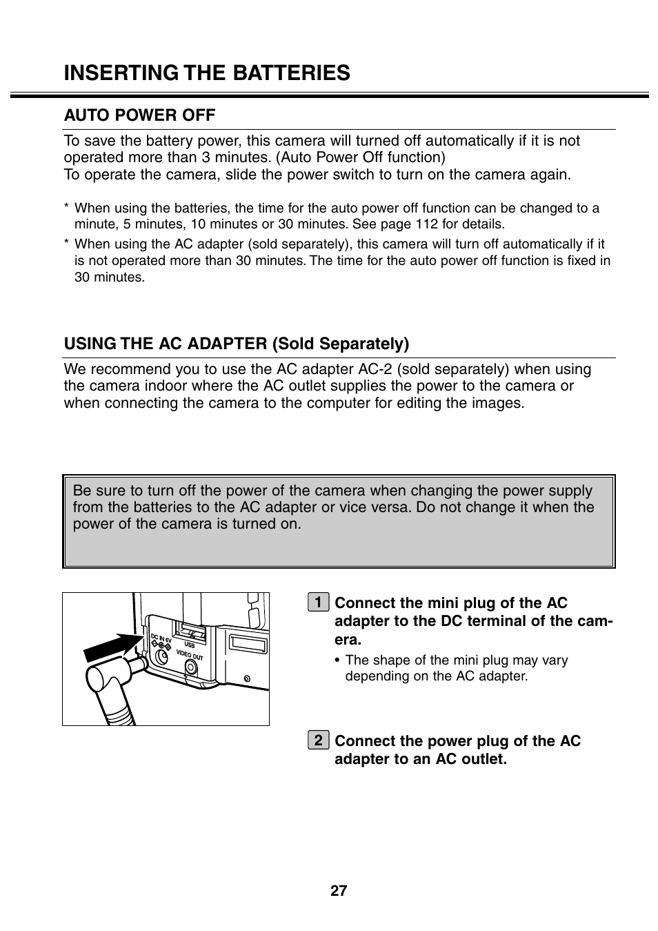 Inserting the batteries | Minolta 2330 User Manual | Page 27 / 160