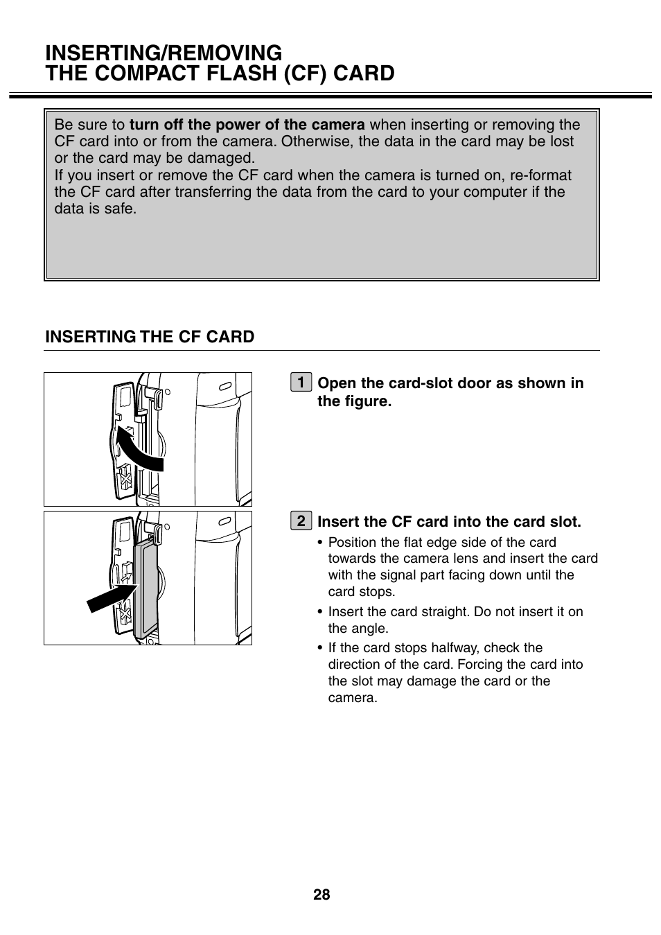 Inserting/removing the compact flash (cf) card | Minolta 2330 User Manual | Page 28 / 160