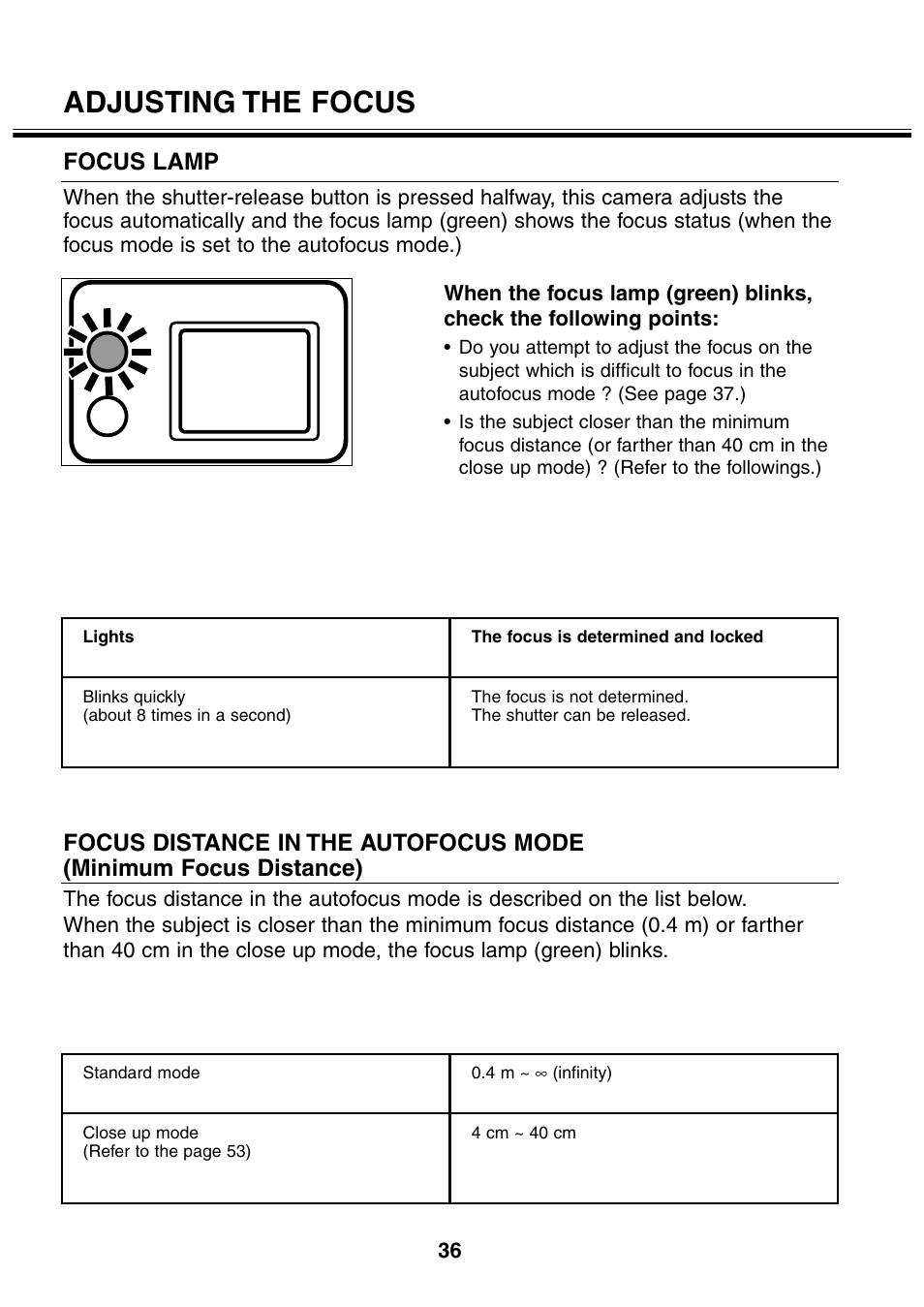 Adjusting the focus, Focus lamp | Minolta 2330 User Manual | Page 36 / 160