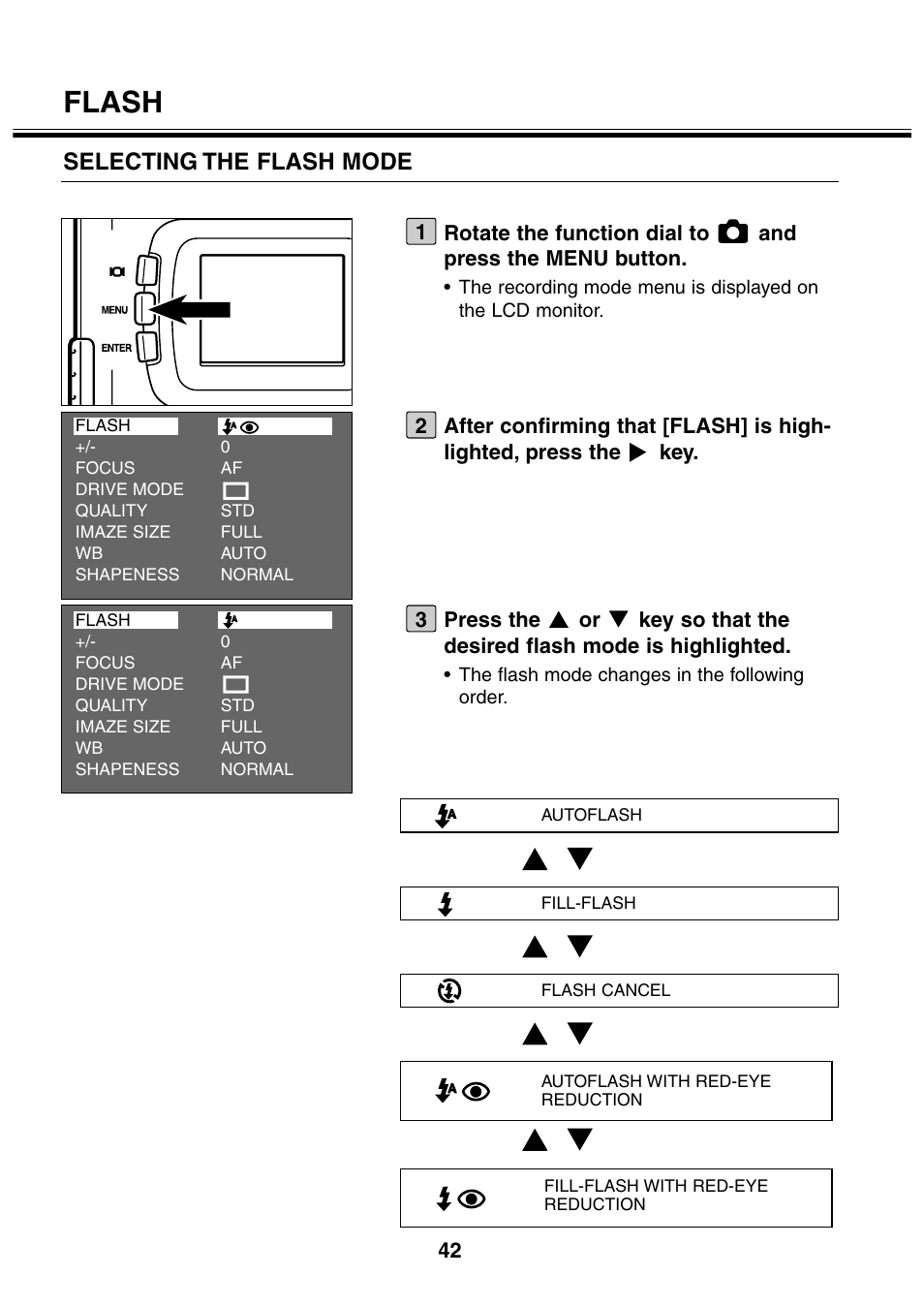 Flash, Selecting the flash mode | Minolta 2330 User Manual | Page 42 / 160