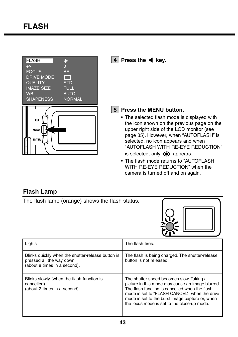 Flash, Flash lamp | Minolta 2330 User Manual | Page 43 / 160