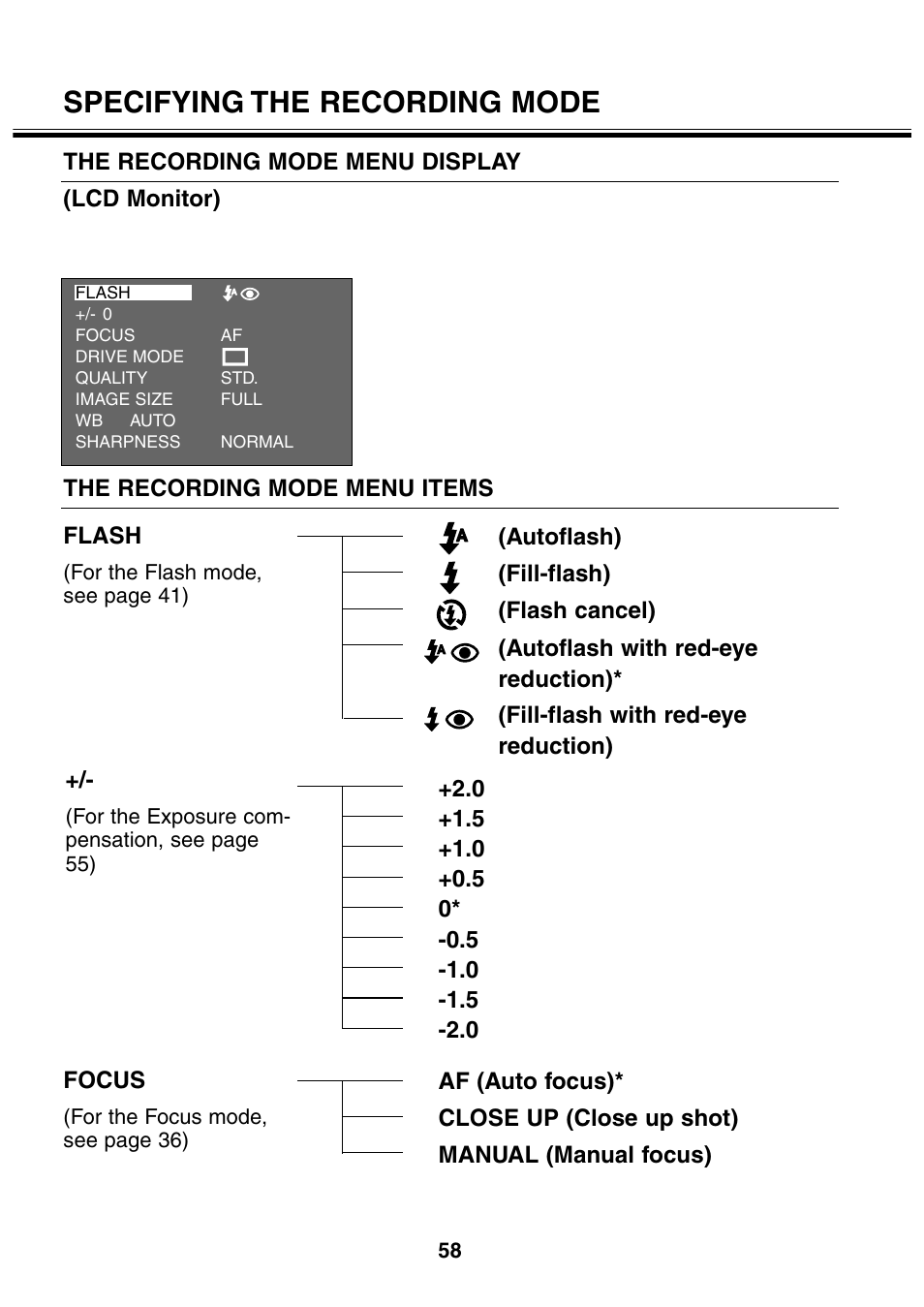 Specifying the recording mode | Minolta 2330 User Manual | Page 58 / 160