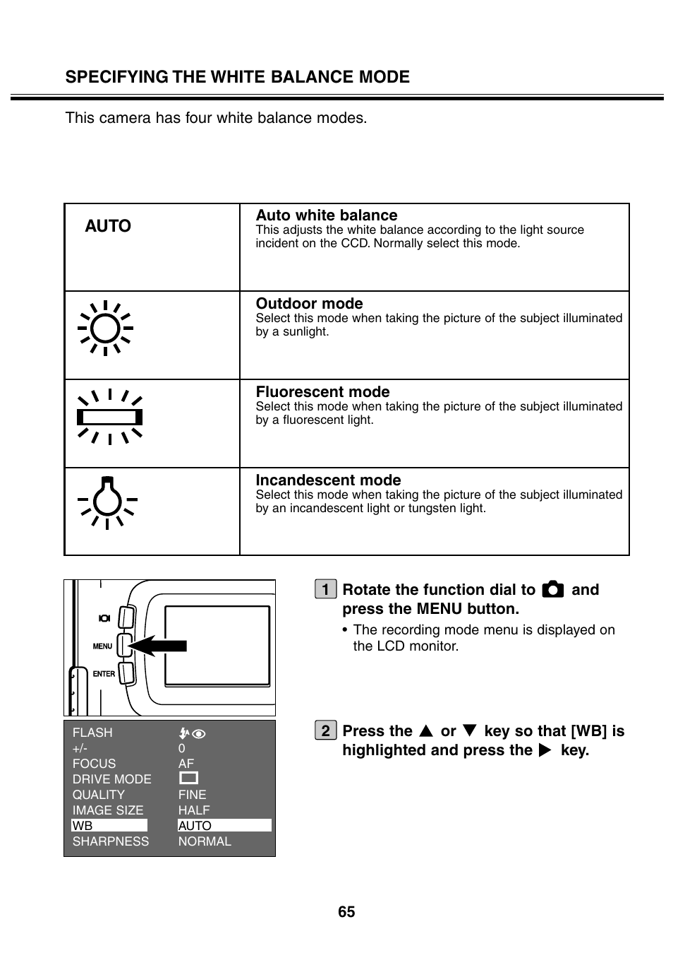 Specifying the white balance mode, Auto | Minolta 2330 User Manual | Page 65 / 160