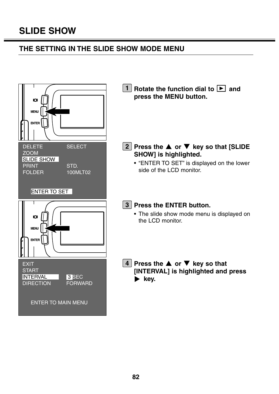 Slide show, The setting in the slide show mode menu | Minolta 2330 User Manual | Page 82 / 160