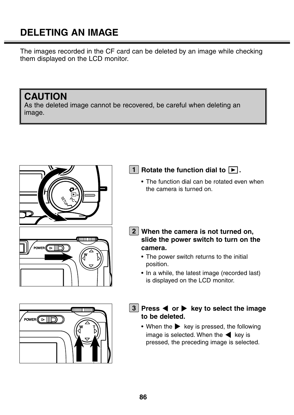 Deleting an image, Caution | Minolta 2330 User Manual | Page 86 / 160