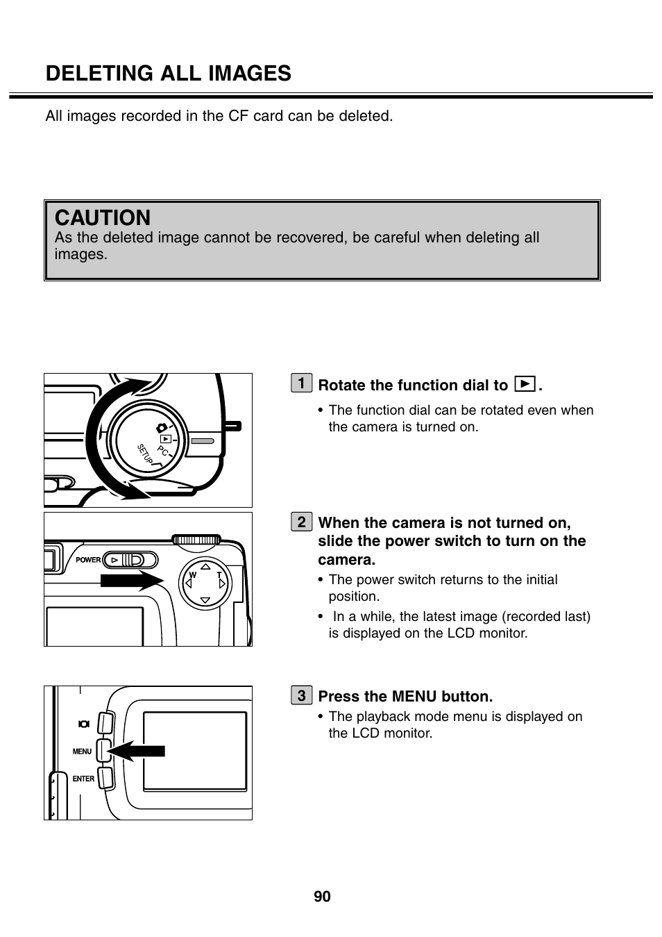 Deleting all images, Caution | Minolta 2330 User Manual | Page 90 / 160