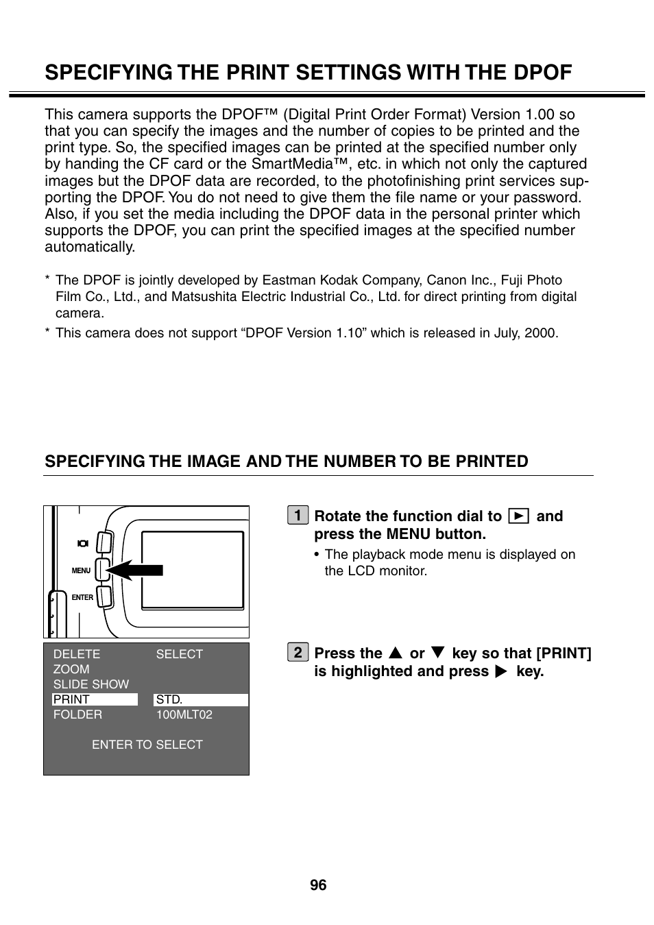 Specifying the print settings with the dpof, Specifying the image and the number to be printed | Minolta 2330 User Manual | Page 96 / 160