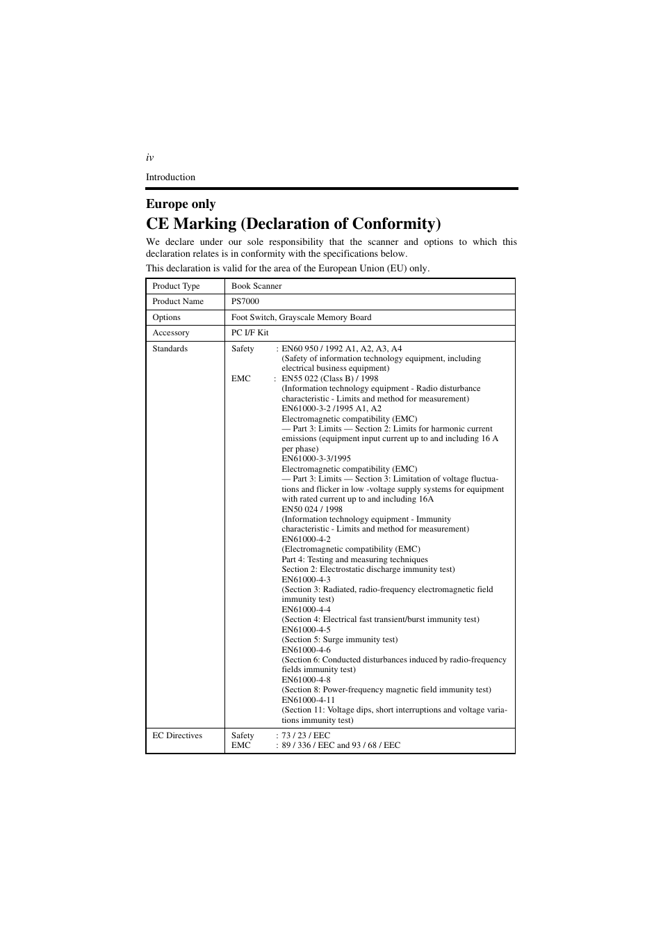 Ce marking (declaration of conformity), Europe only | Minolta PS7000 User Manual | Page 11 / 122