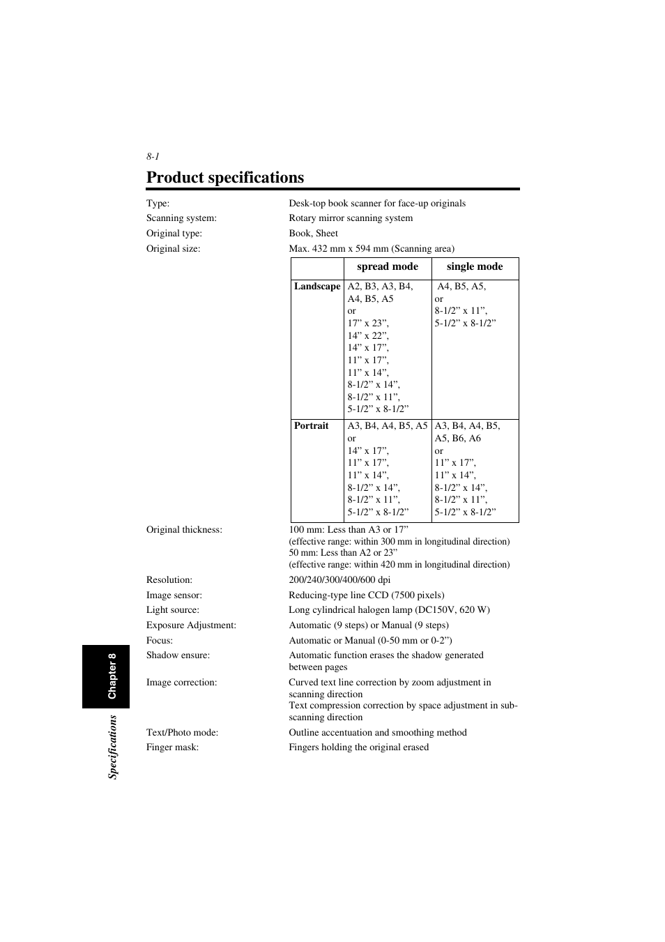 Product specifications, Product specifications -1 | Minolta PS7000 User Manual | Page 119 / 122
