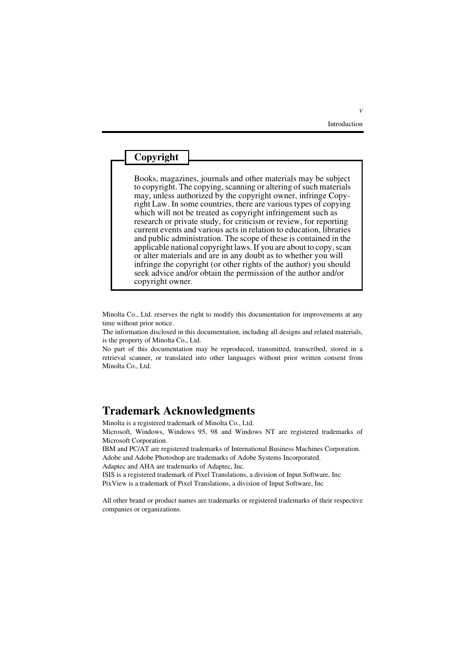 Trademark acknowledgments, Copyright | Minolta PS7000 User Manual | Page 12 / 122