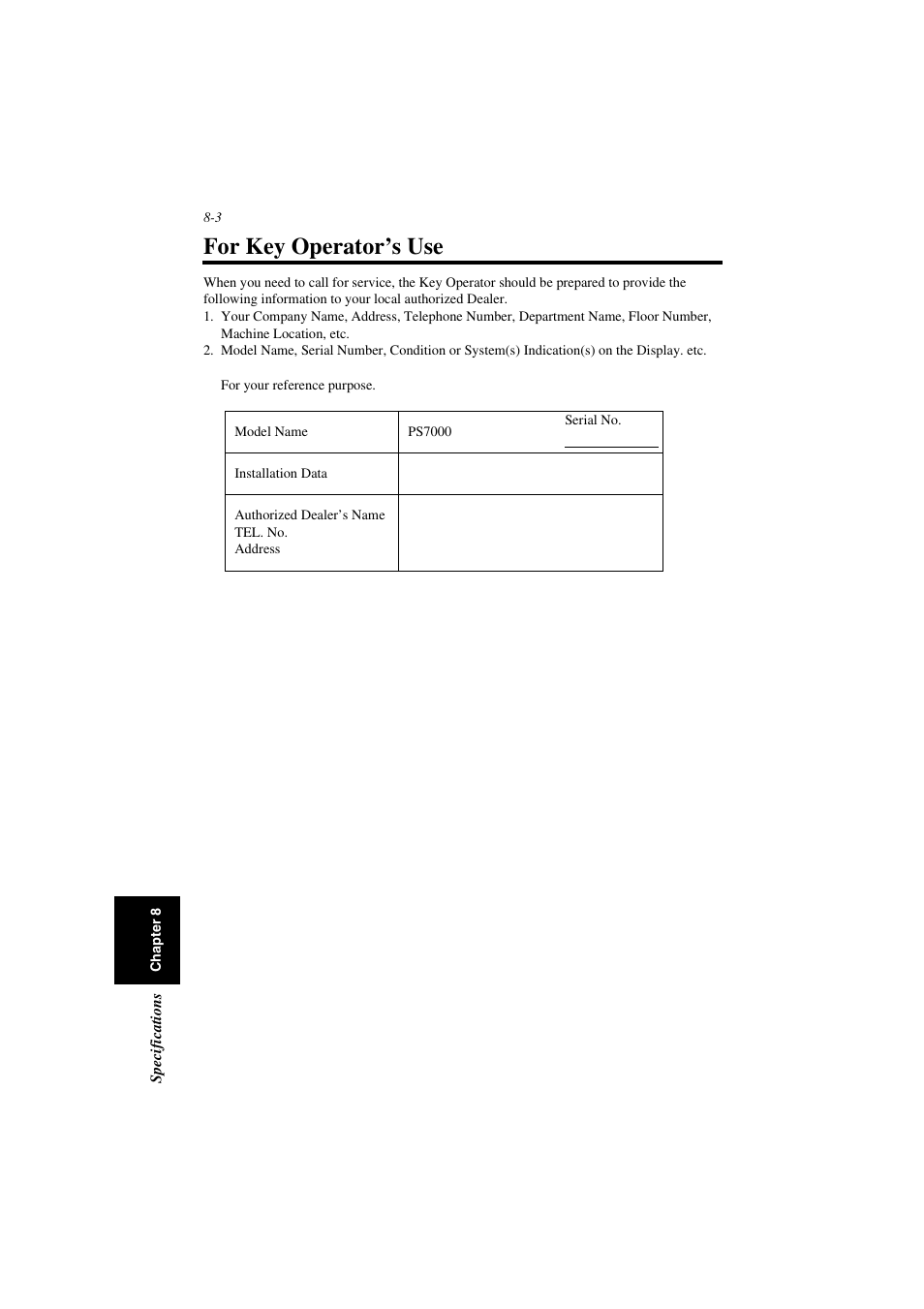 For key operator’s use, For key operator’s use -3 | Minolta PS7000 User Manual | Page 121 / 122