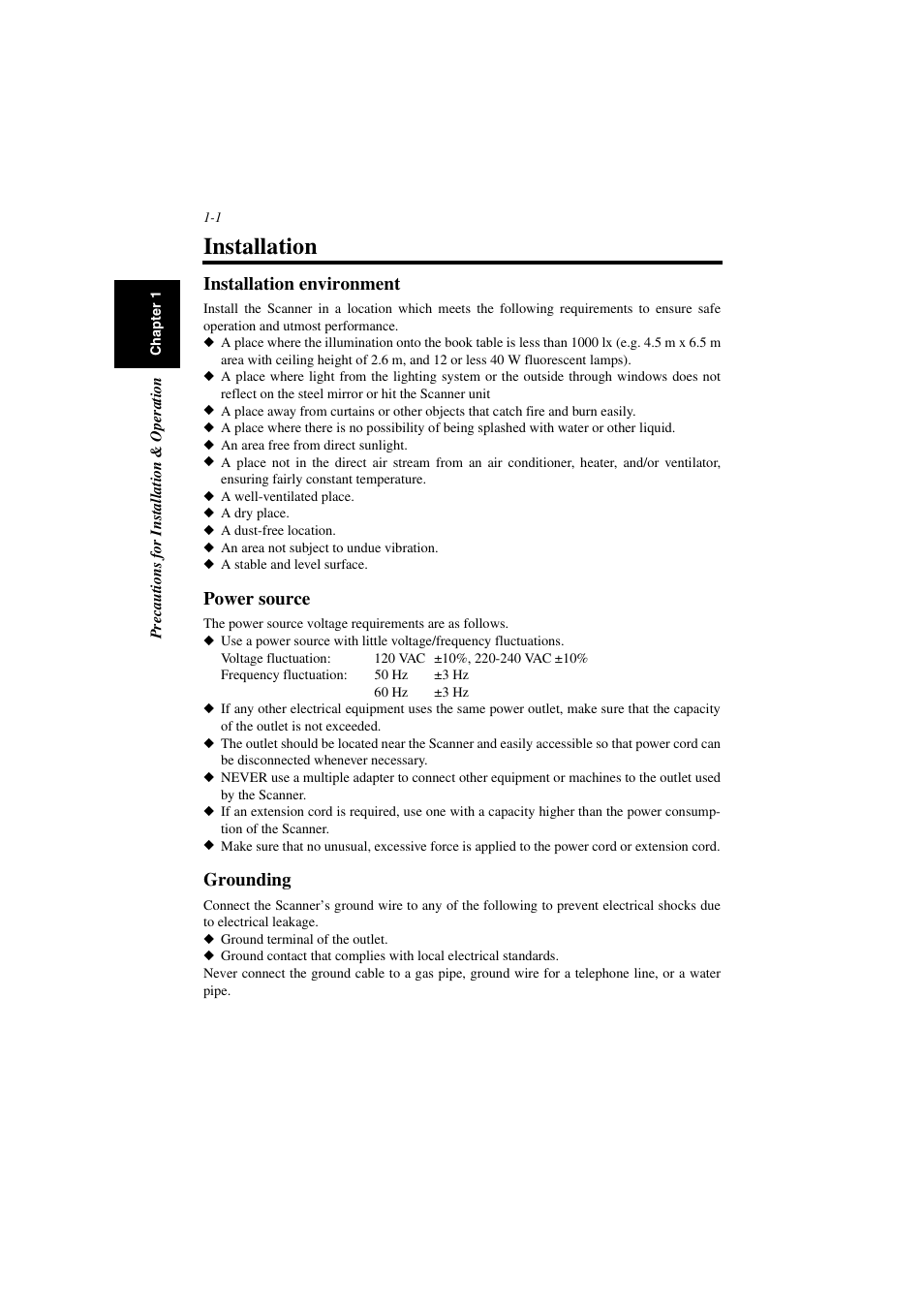 Installation, Installation environment, Power source | Grounding, Installation -1 | Minolta PS7000 User Manual | Page 19 / 122