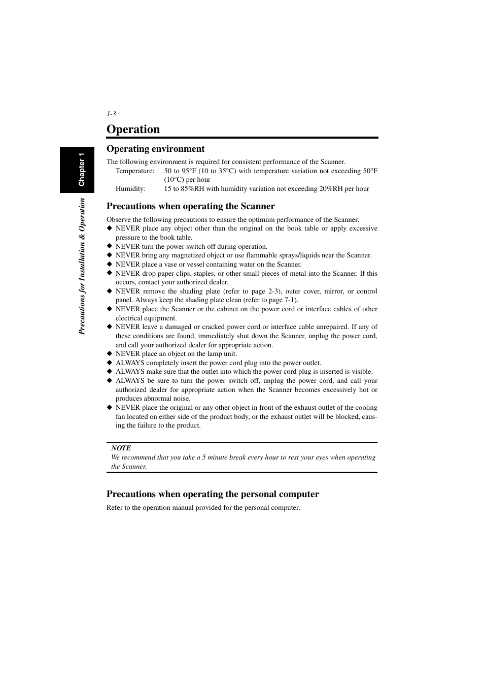 Operation, Operating environment, Precautions when operating the scanner | Precautions when operating the personal computer, Operation -3 | Minolta PS7000 User Manual | Page 21 / 122