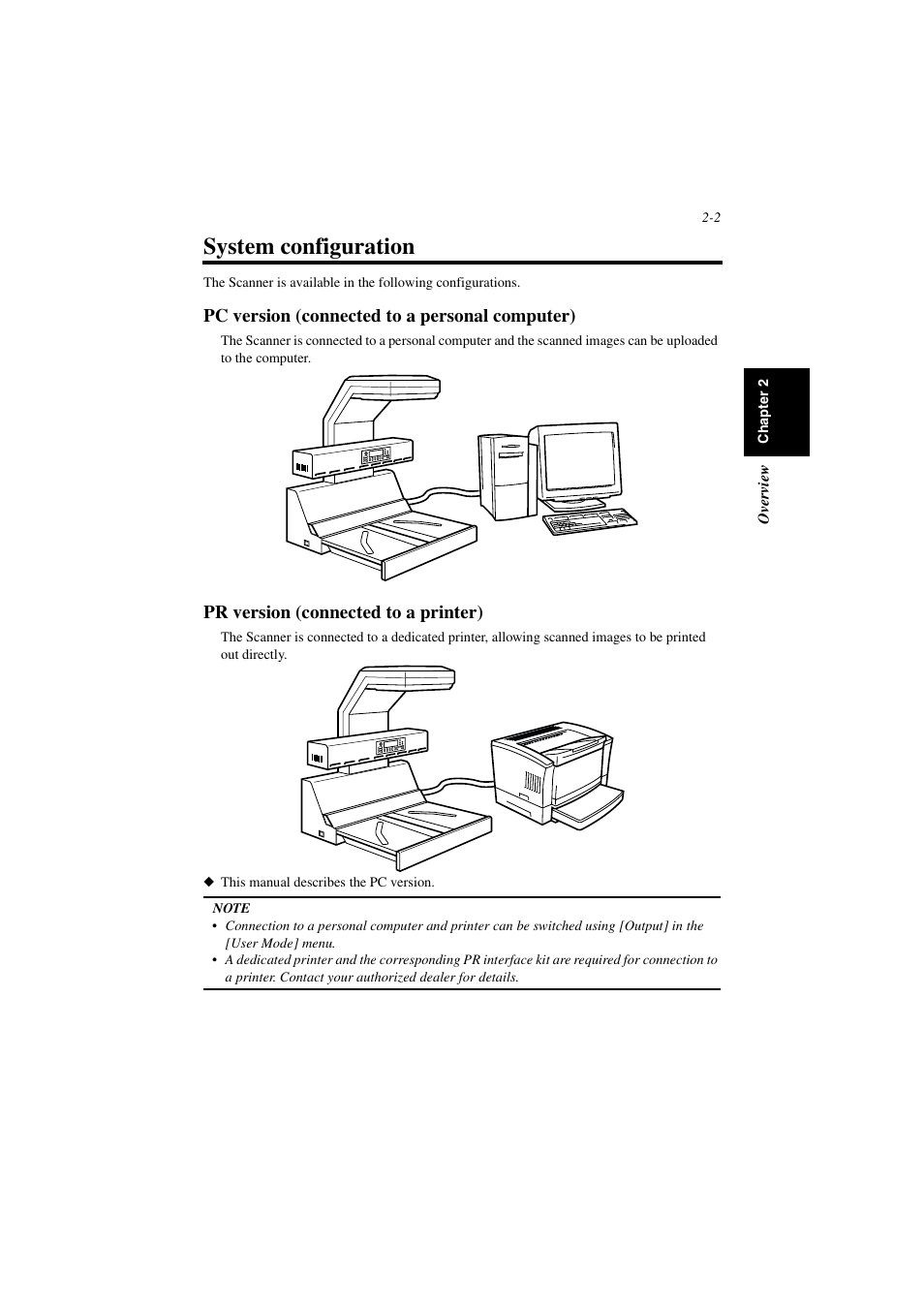 System configuration, Pc version (connected to a personal computer), Pr version (connected to a printer) | System configuration -2 | Minolta PS7000 User Manual | Page 26 / 122