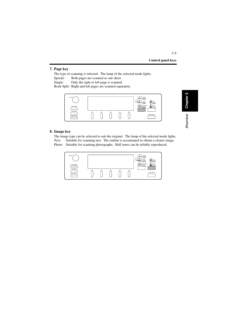 Ov er vi ew, Page key, Image key | Control panel keys 2-8, Ch a p te r 2 | Minolta PS7000 User Manual | Page 32 / 122