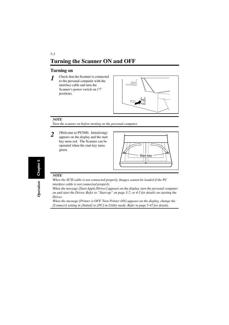 Turning the scanner on and off, Turning on, Turning the scanner on and off -3 | Turning on -3 | Minolta PS7000 User Manual | Page 59 / 122