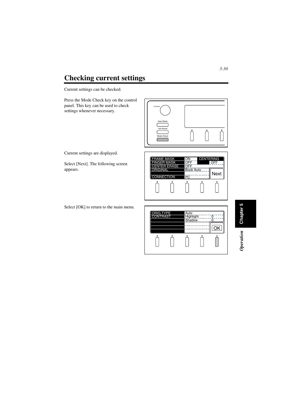 Checking current settings, Checking current settings -30 | Minolta PS7000 User Manual | Page 86 / 122