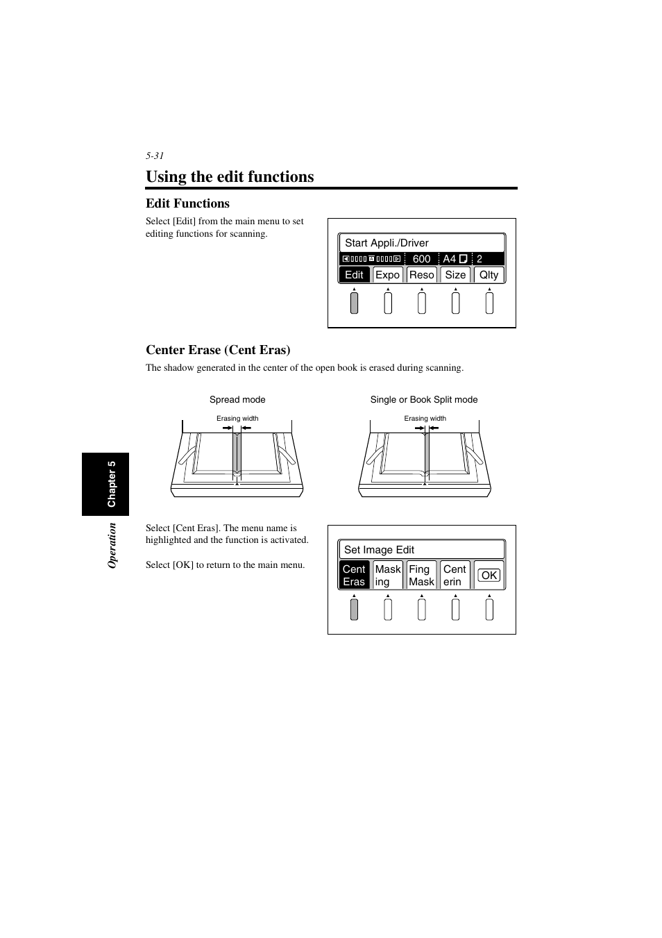 Using the edit functions, Edit functions, Center erase (cent eras) | Using the edit functions -31, Edit functions -31 center erase (cent eras) -31 | Minolta PS7000 User Manual | Page 87 / 122