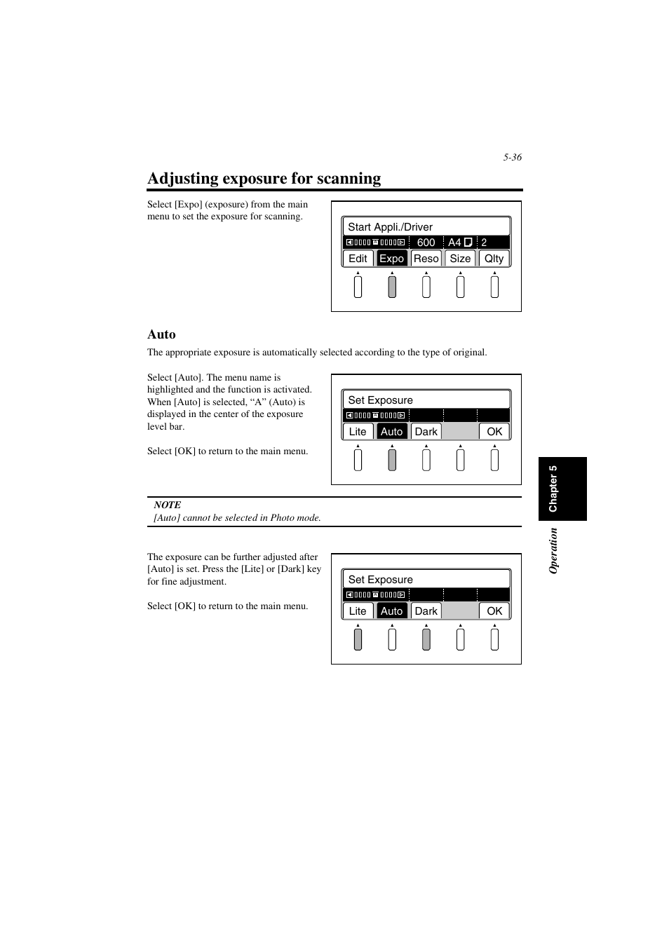 Adjusting exposure for scanning, Auto, Adjusting exposure for scanning -36 | Auto -36 | Minolta PS7000 User Manual | Page 92 / 122