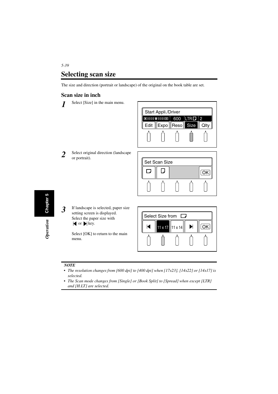 Selecting scan size, Scan size in inch, Selecting scan size -39 | Scan size in inch -39 | Minolta PS7000 User Manual | Page 95 / 122