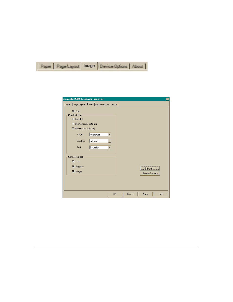 Configuring image options 70 | Minolta Magicolor 2200 User Manual | Page 78 / 200