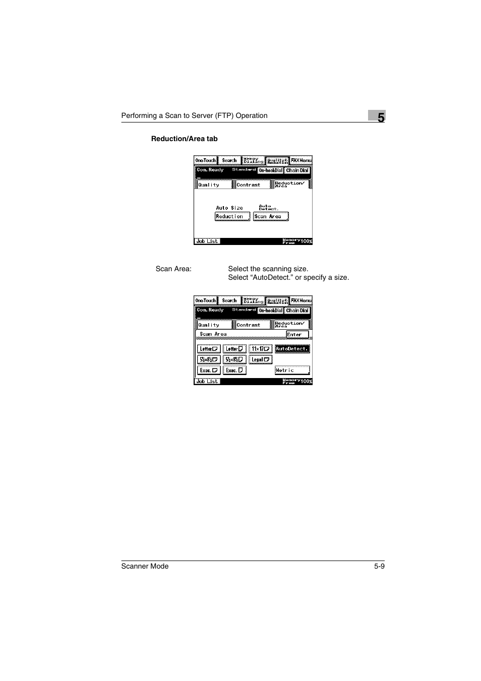 Reduction/area tab, Reduction/area tab -9 | Minolta Scanner Mode User Manual | Page 100 / 314