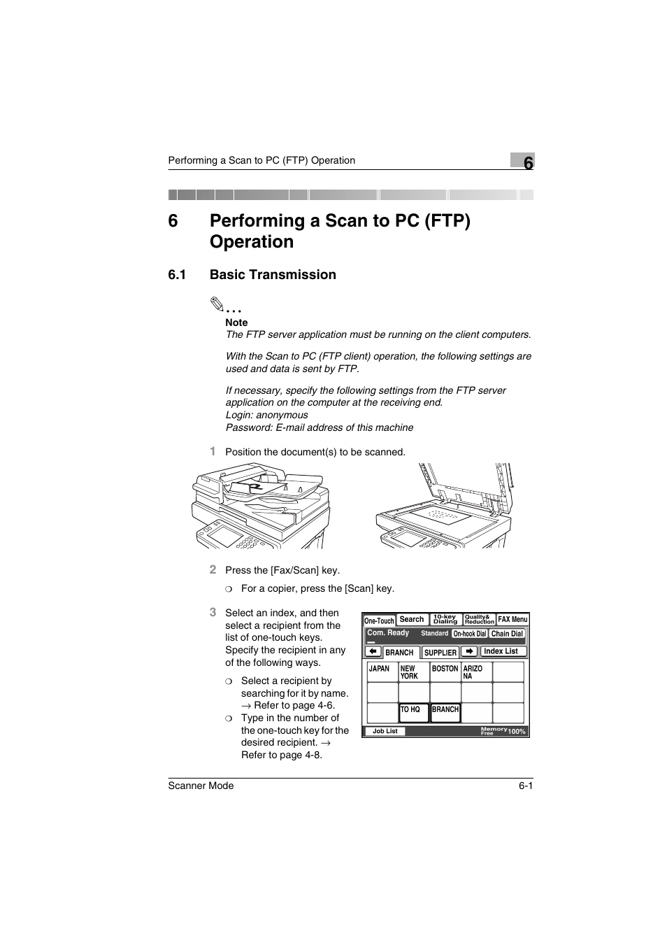 6 performing a scan to pc (ftp) operation, 1 basic transmission, Performing a scan to pc (ftp) operation | Basic transmission -1, 6performing a scan to pc (ftp) operation | Minolta Scanner Mode User Manual | Page 104 / 314