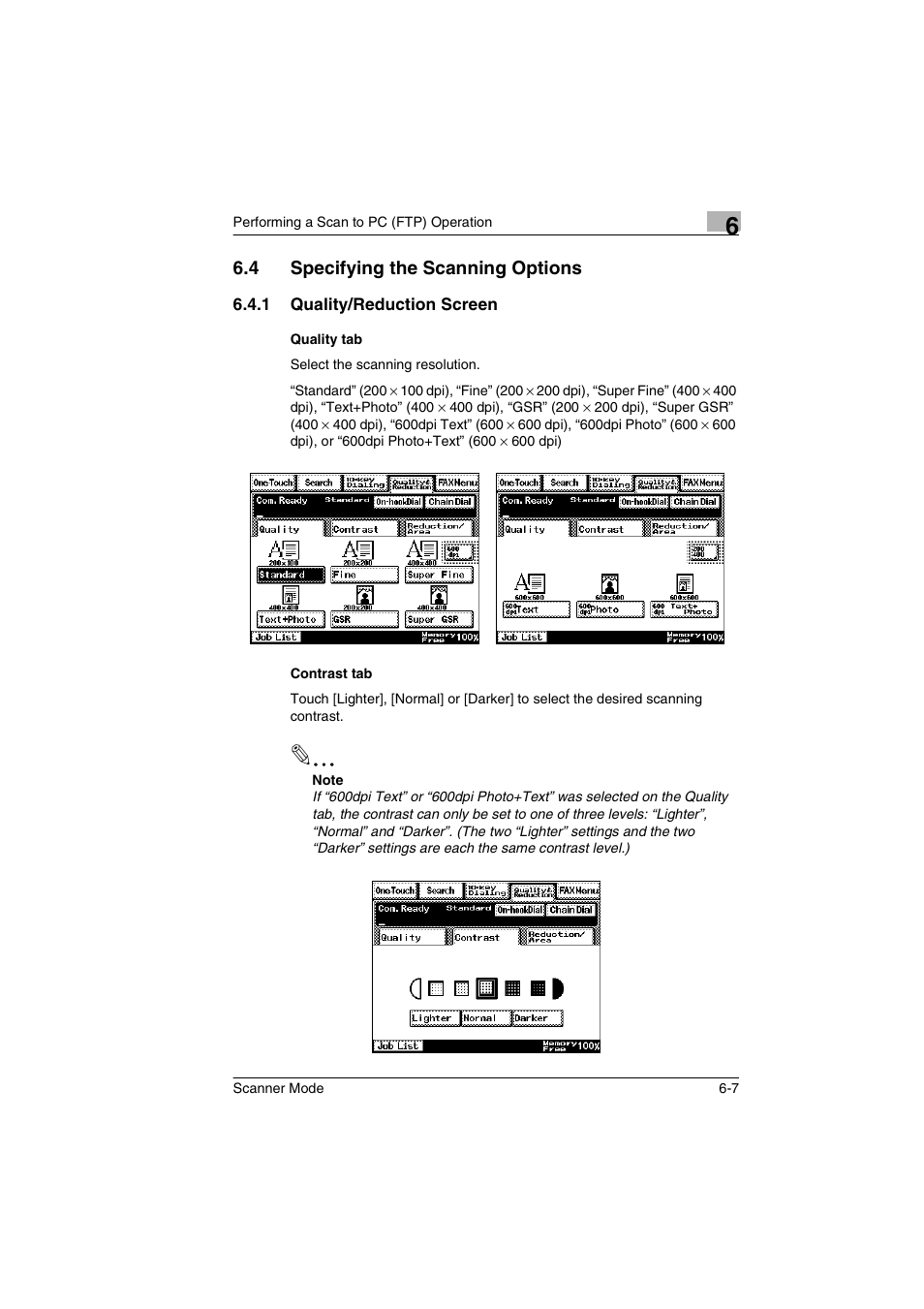 4 specifying the scanning options, 1 quality/reduction screen, Quality tab | Contrast tab, Specifying the scanning options -7 | Minolta Scanner Mode User Manual | Page 110 / 314