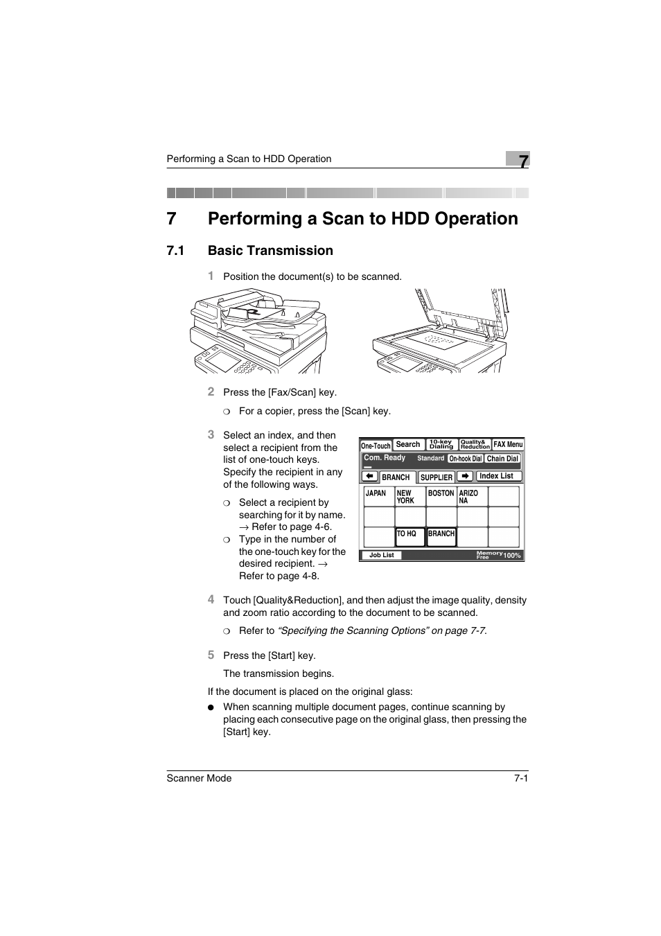 7 performing a scan to hdd operation, 1 basic transmission, Performing a scan to hdd operation | Basic transmission -1, 7performing a scan to hdd operation | Minolta Scanner Mode User Manual | Page 114 / 314