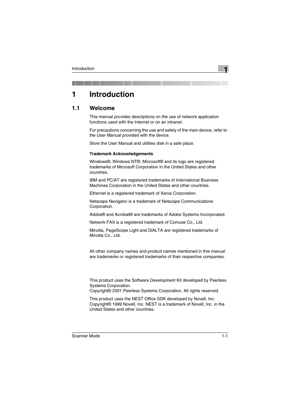 1 introduction, 1 welcome, Trademark acknowledgements | Introduction, Welcome -1, Trademark acknowledgements -1, 1introduction | Minolta Scanner Mode User Manual | Page 12 / 314