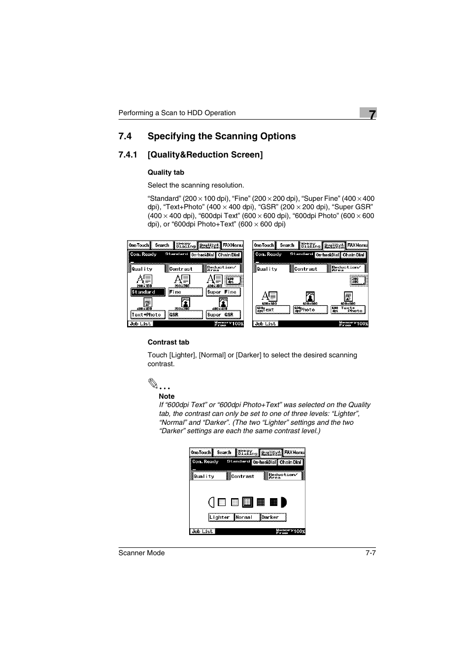 4 specifying the scanning options, 1 [quality&reduction screen, Quality tab | Contrast tab, Specifying the scanning options -7 | Minolta Scanner Mode User Manual | Page 120 / 314