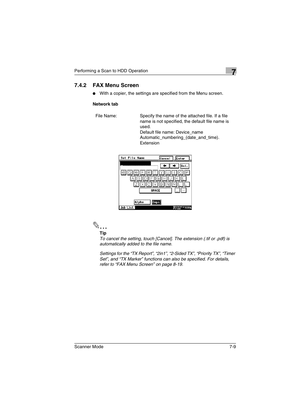 2 fax menu screen, Network tab, Fax menu screen -9 network tab -9 | Minolta Scanner Mode User Manual | Page 122 / 314