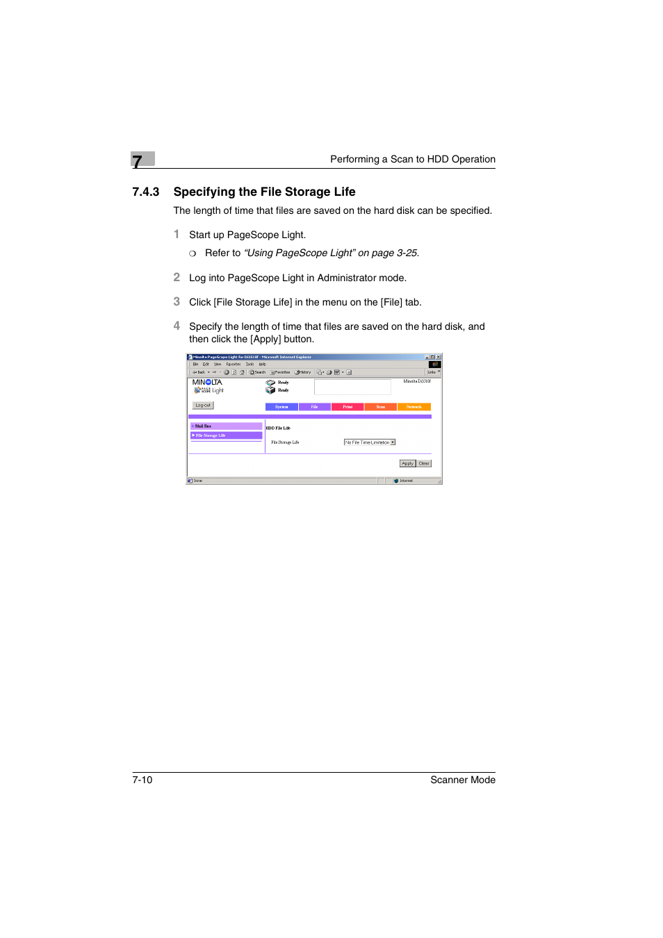 3 specifying the file storage life, Specifying the file storage life -10 | Minolta Scanner Mode User Manual | Page 123 / 314