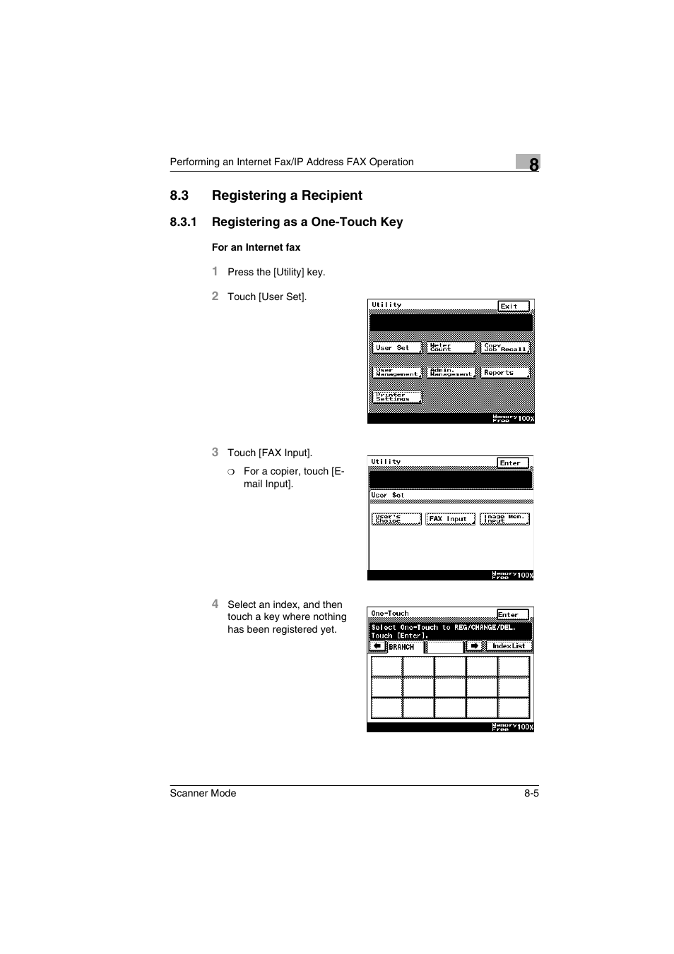 3 registering a recipient, 1 registering as a one-touch key, For an internet fax | Registering a recipient -5 | Minolta Scanner Mode User Manual | Page 132 / 314