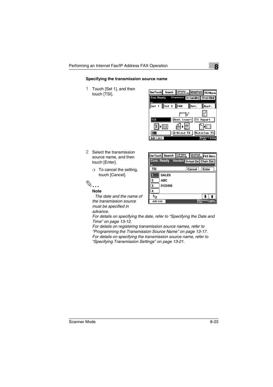 Specifying the transmission source name, Specifying the transmission source name -23 | Minolta Scanner Mode User Manual | Page 150 / 314