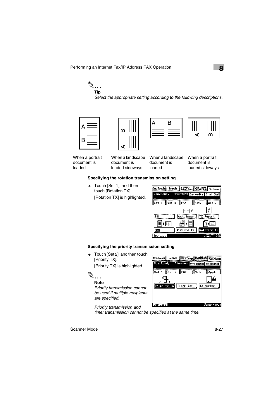 Specifying the rotation transmission setting, Specifying the priority transmission setting | Minolta Scanner Mode User Manual | Page 154 / 314