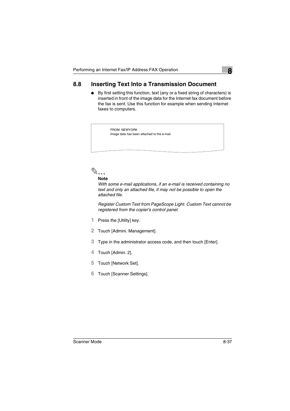 8 inserting text into a transmission document, Inserting text into a transmission document -37 | Minolta Scanner Mode User Manual | Page 164 / 314