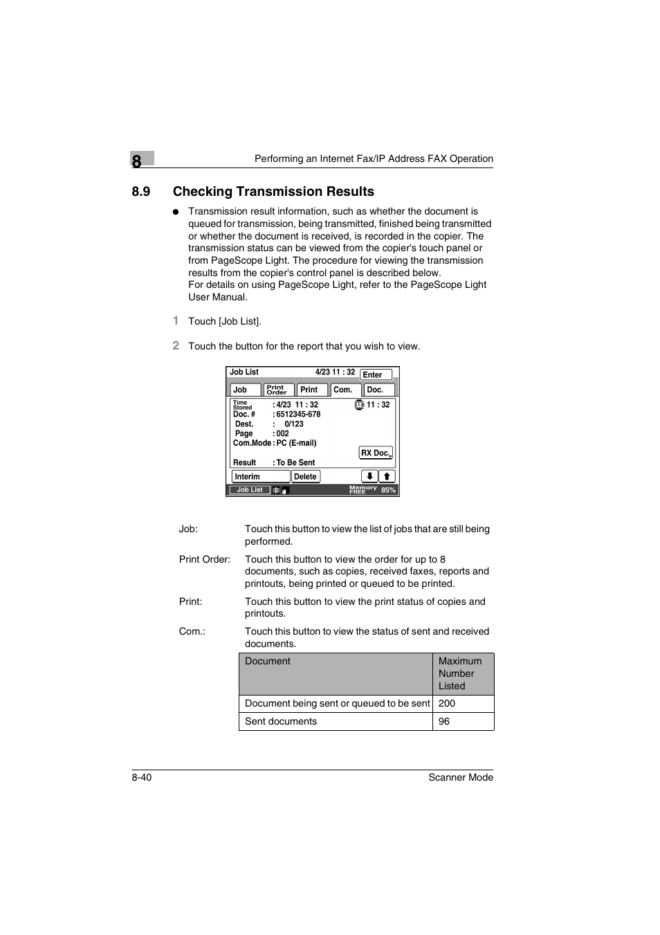 9 checking transmission results, Checking transmission results -40 | Minolta Scanner Mode User Manual | Page 167 / 314